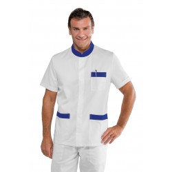 Kasack CORFÙ kurze Ärmel Weiß Verzierung Chinablau 65% POLYESTER  35% Baumwolle ISACCO 055046M