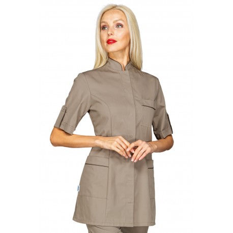 Kasack Antigua kurze Ärmel Taubengrau + Verzierung  Schlammfarbe 65% Polyester - 35% Baumwolle ISACCO 003035M